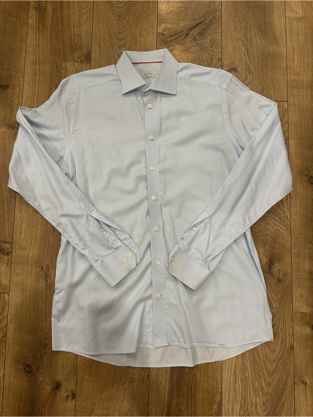 Eton Light Blue Pinstripe Dress Shirt Contemporary Fit Size 17/37”